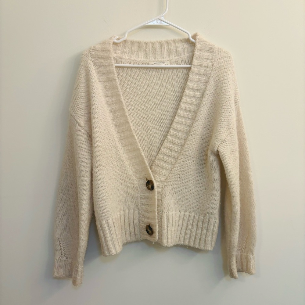 Anthropologie Ivory Button-Front Ribbed Cardigan